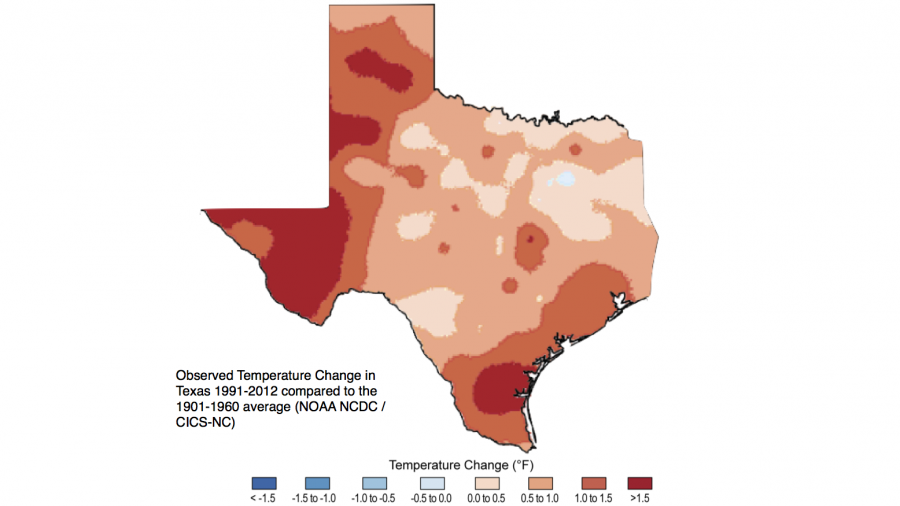 A part of a map from a federal government report on climate change. Temperatures throughout the state of Texas are rising against historical averages, with the Rio Grande Valley getting particularly warm. A part of a map from a federal government report on climate change. Temperatures throughout the state of Texas are rising against historical averages, with the Rio Grande Valley getting particularly warm.